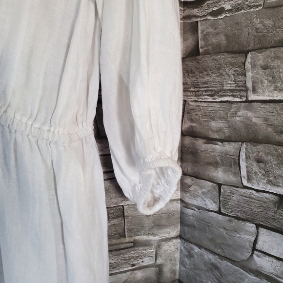 Aribella White Peasant Linen Midi Dress Bohemian Long Sleeves Front Button Mediu - Picture 4 of 10